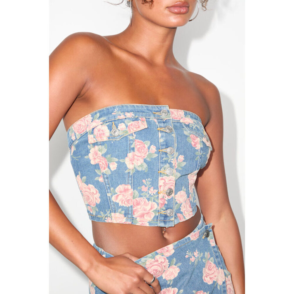 Lulus Ophirah Light Wash Floral Denim Strapless Crop Top Blue - Size S